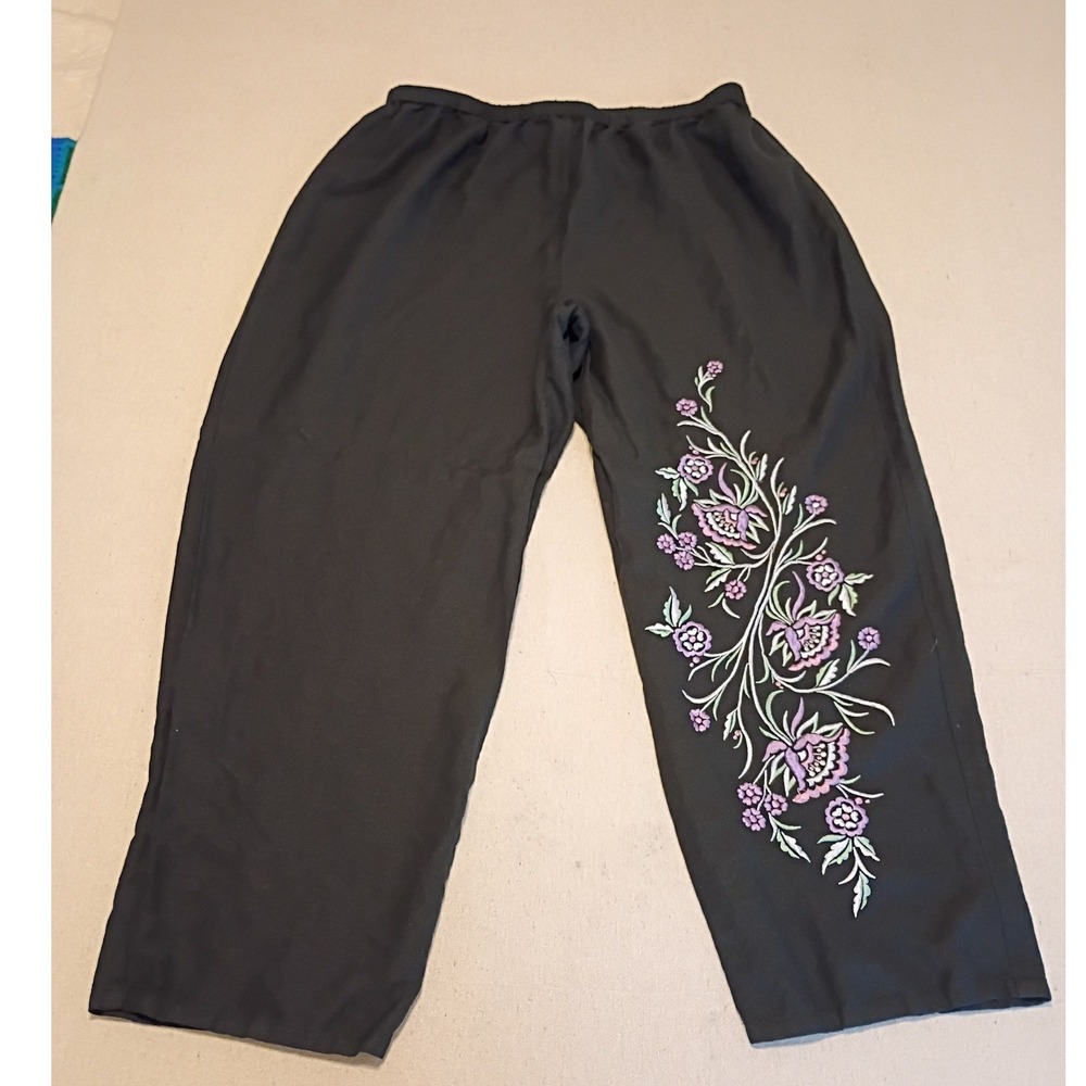 Bob Mackie Wearable Art Black Linen Blend Floral Embroidered Wide Leg Pants 1X